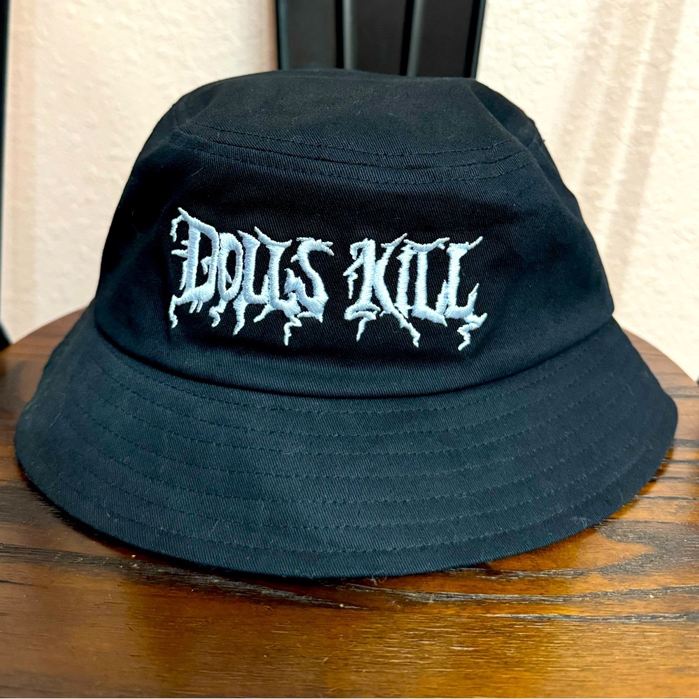 Dolls Kill Black Bucket Hat with White Embroidered Logo